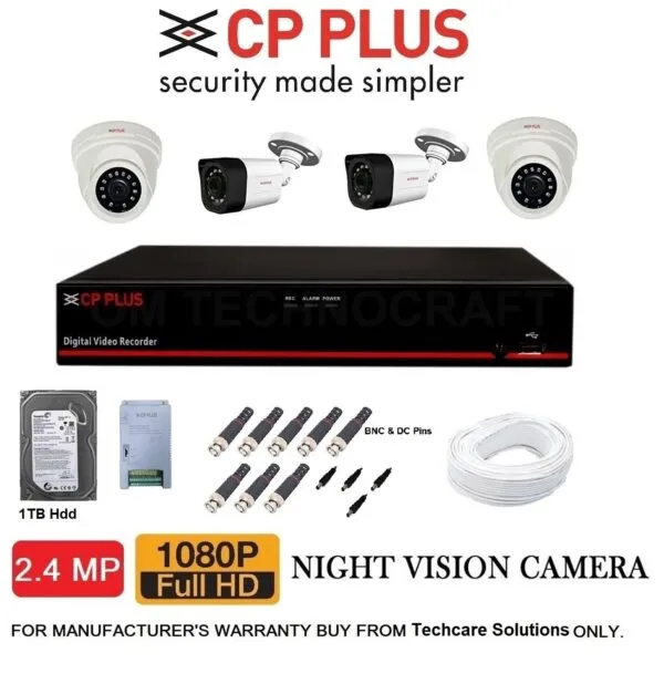 4 Camera Combo Set CP PLUS Wired 1080P HD Camera with 4Ch DVR, 2 Dome 2 Bullet Cameras, 1TB HDD, Power Supply, 90 Mtr Cable